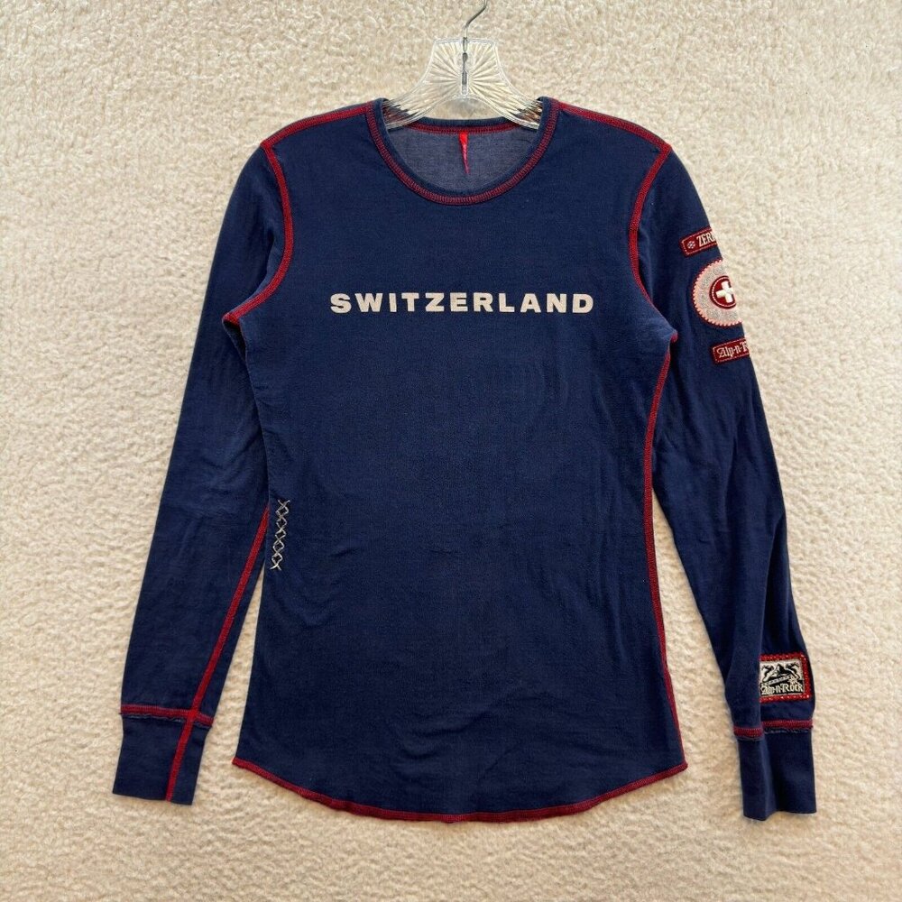 Alp N Rock Switzerland Top Shirt 2 S Small Navy Blue Long Sleeve Patches
